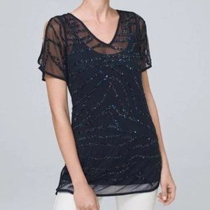 White House Black Market V-neck Split Sleeve Sequin Black Tunic Blouse XS